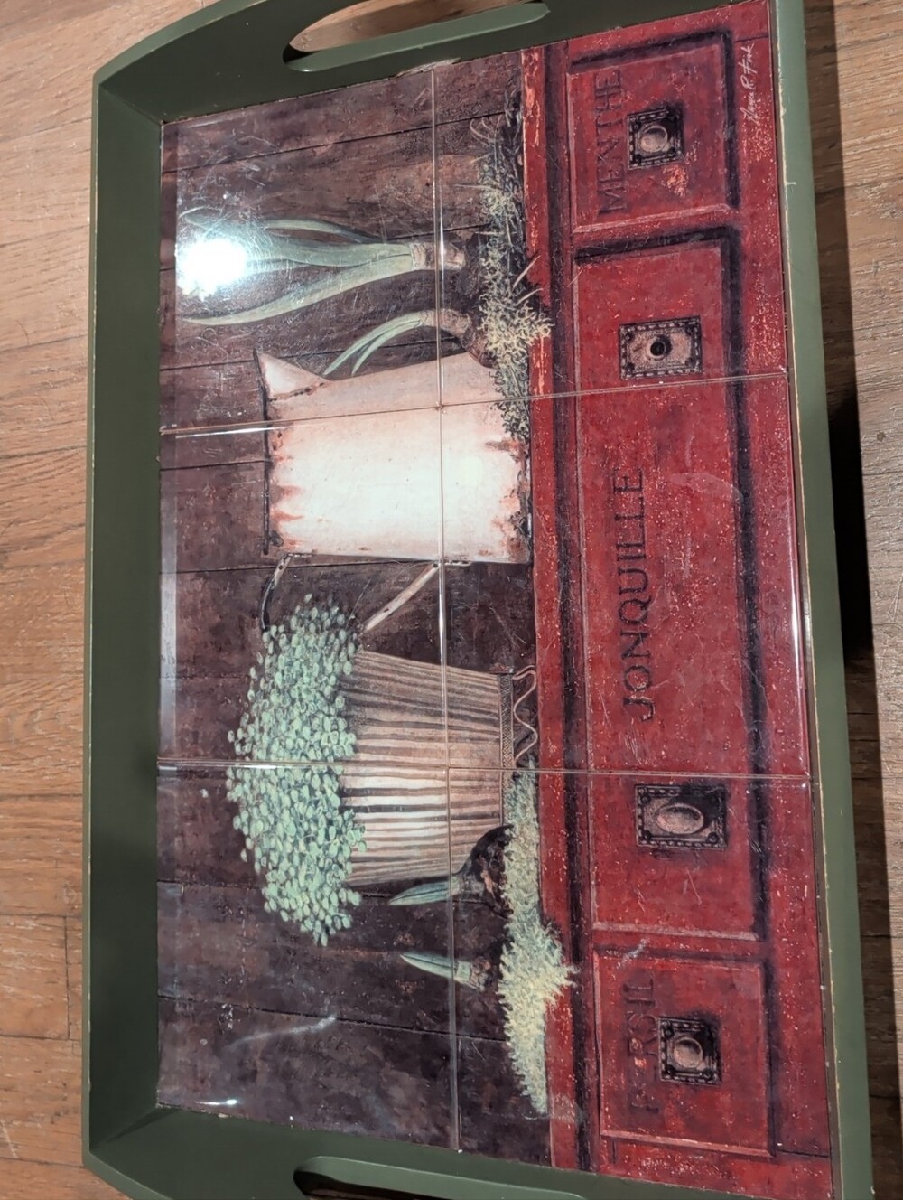 Arnie Fisk Art Decorative Tile Serving Tray with Red Chest Green French Provence